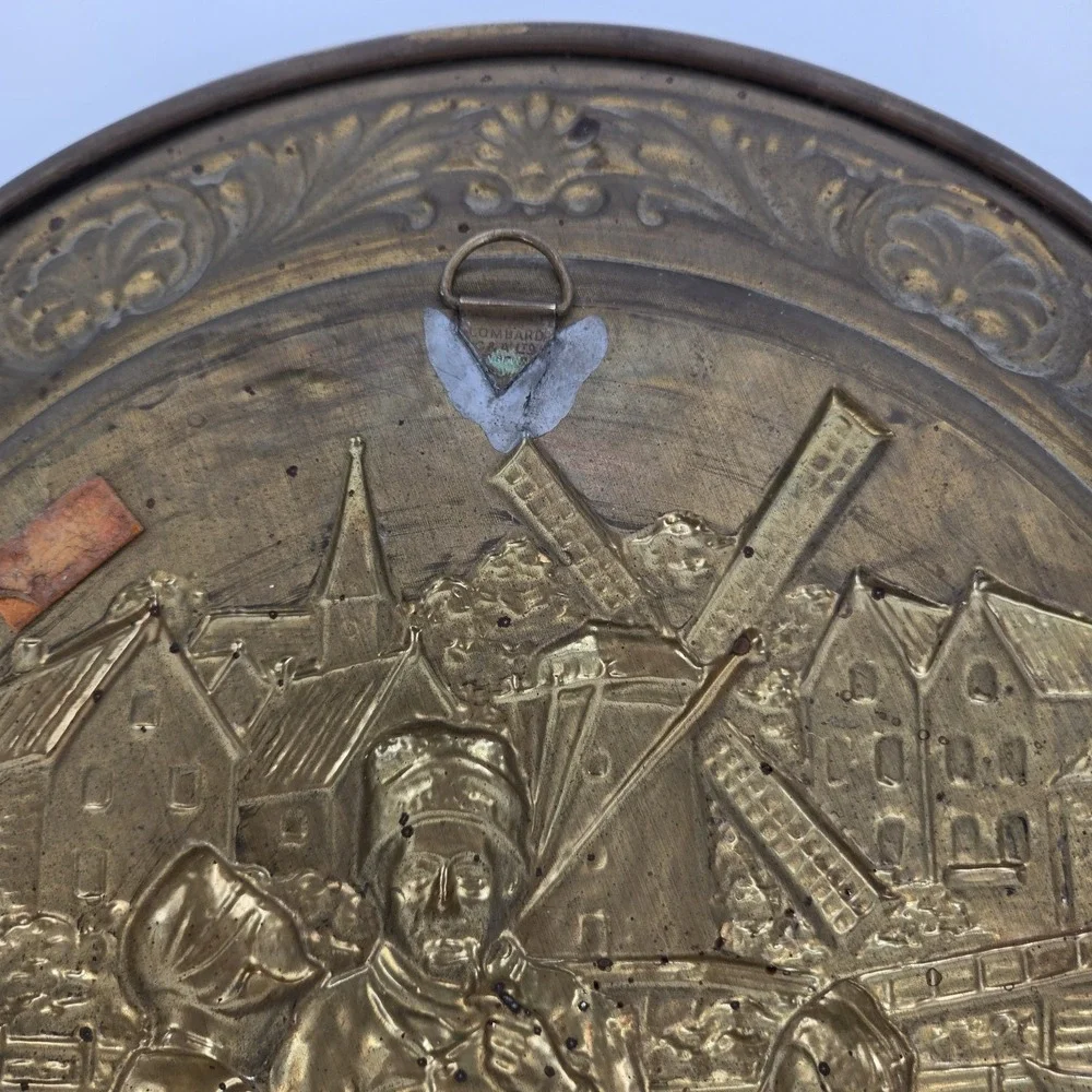 Vintage Lombard England‎ Brass Wall Plaque Dutch Windmill Scene Embossed 15